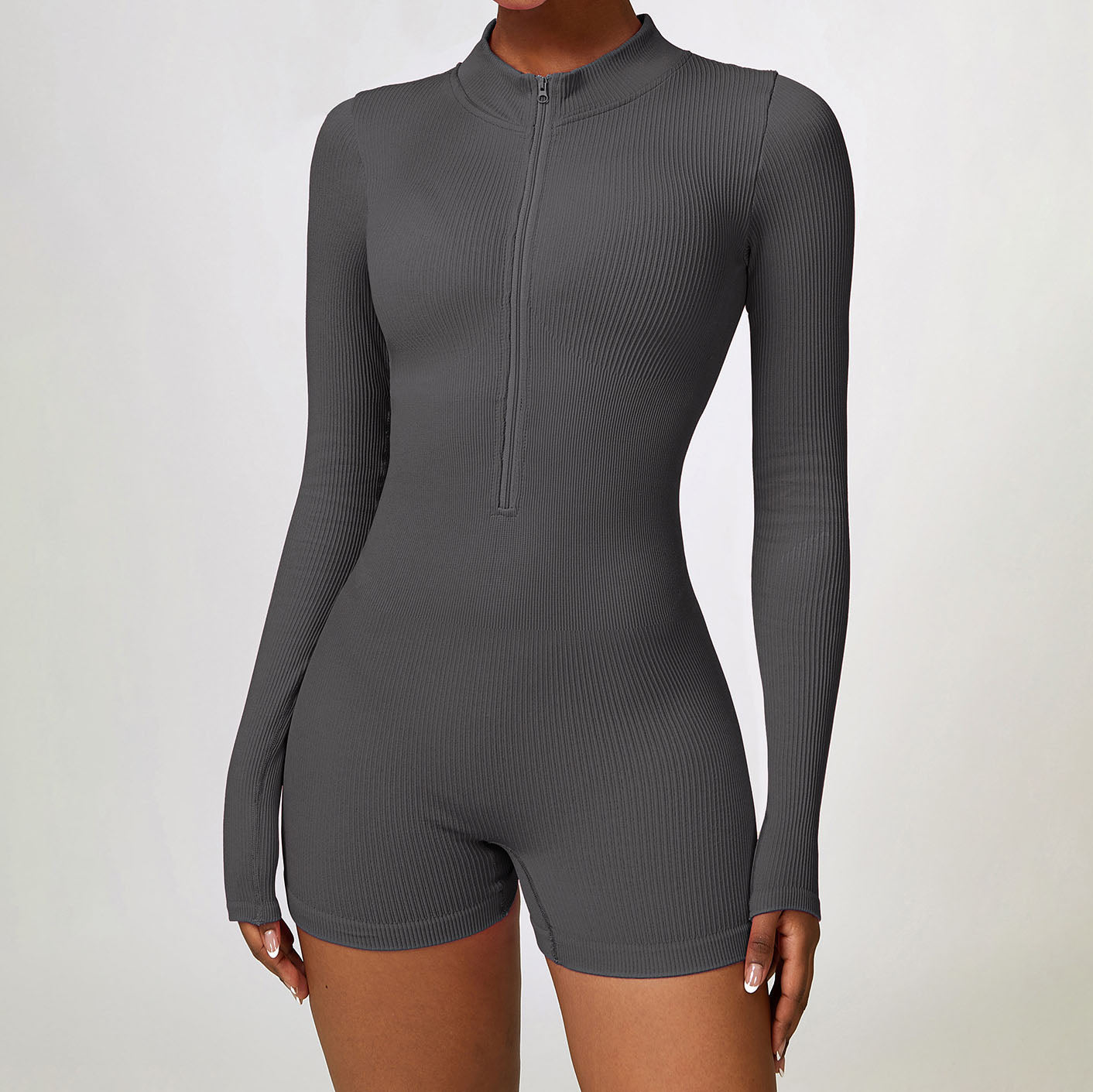 Long-Sleeve Half-Zip Ribbed Romper