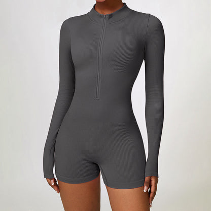 Long-Sleeve Half-Zip Ribbed Romper