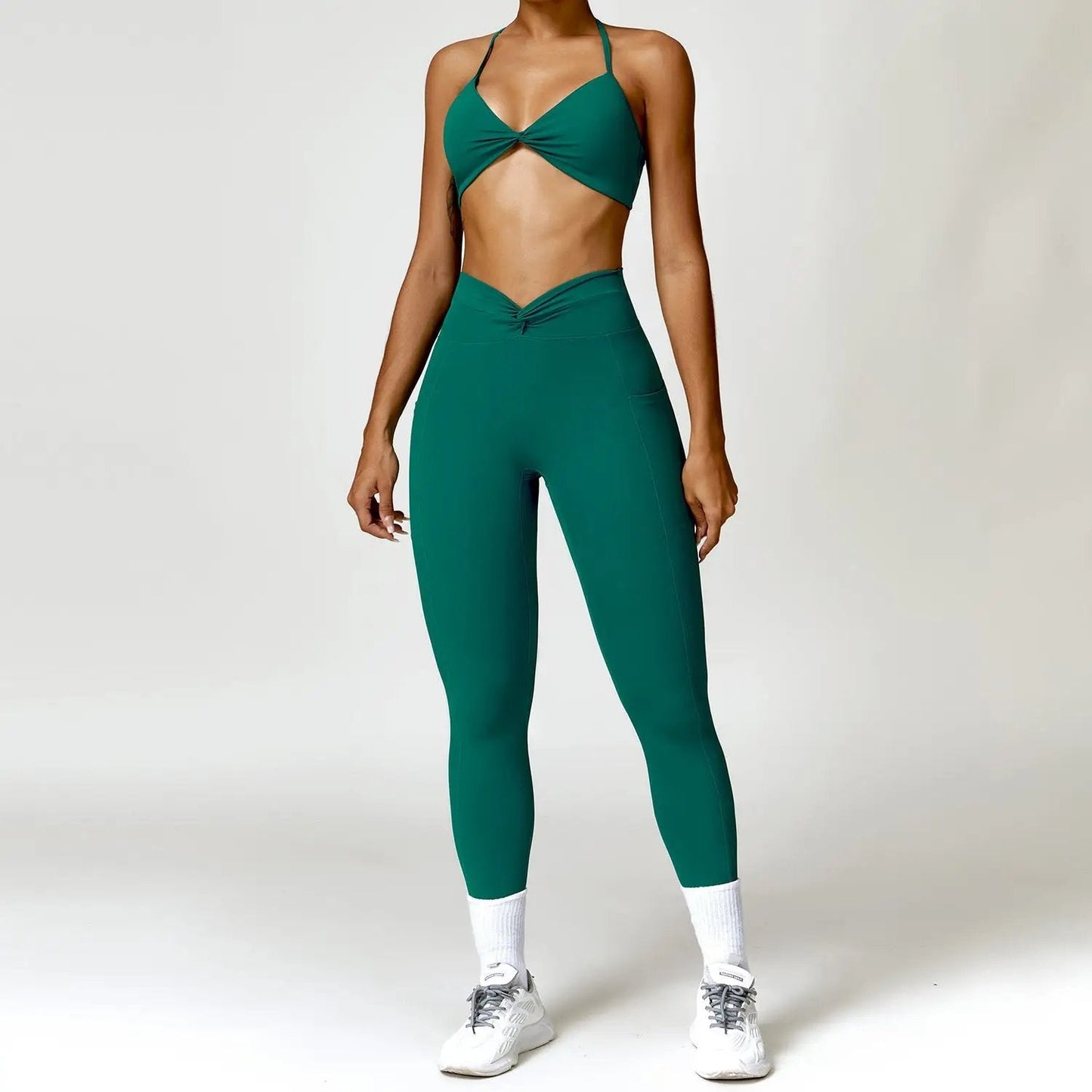 Twisted Bra And Skinny Leggings Set S / Green Two - Piece