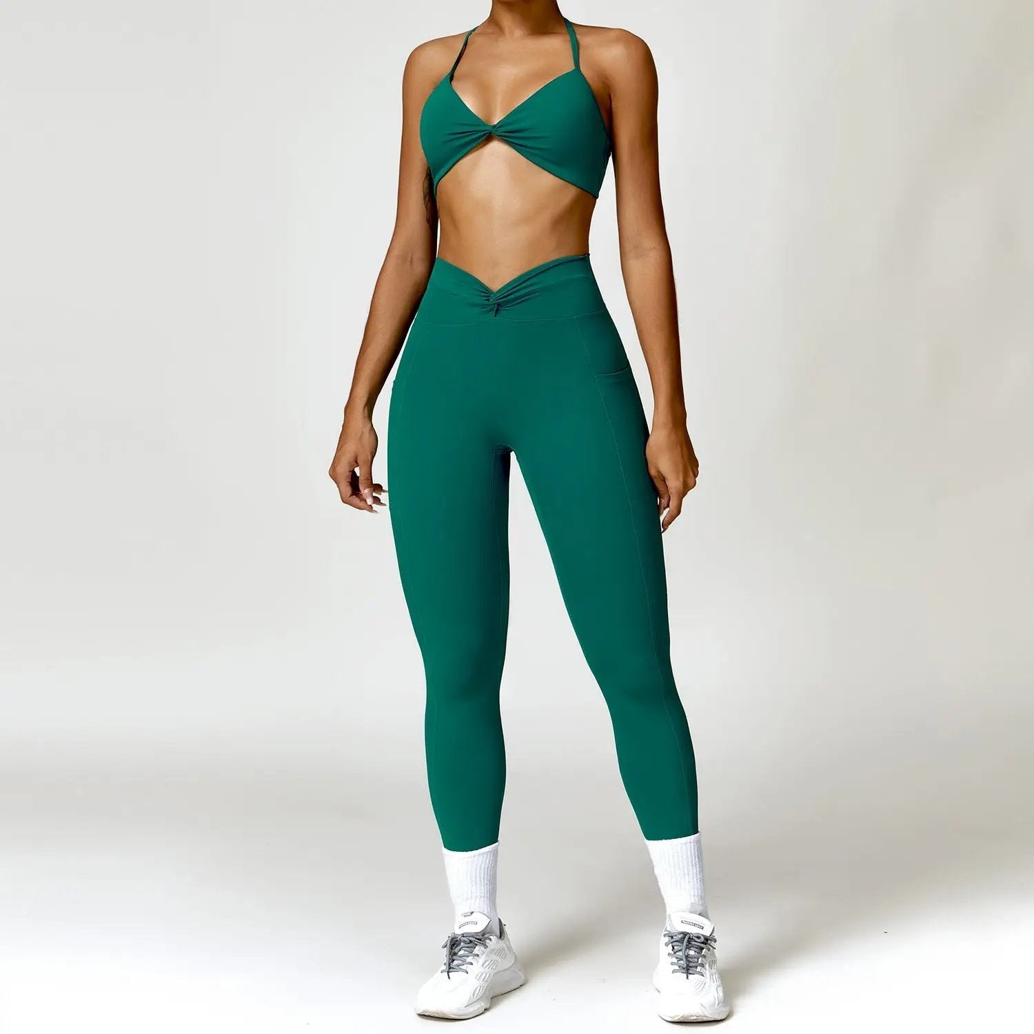 Twisted Bra And Skinny Leggings Set S / Green Two - Piece