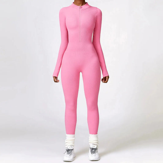 Long-Sleeve Half-Zip Ribbed Jumpsuit