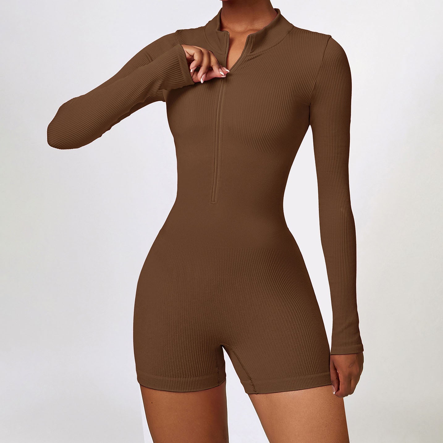 Long-Sleeve Half-Zip Ribbed Romper