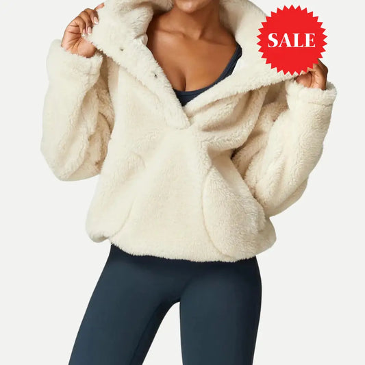 High-Neck Button-Front Fluffy Pullover