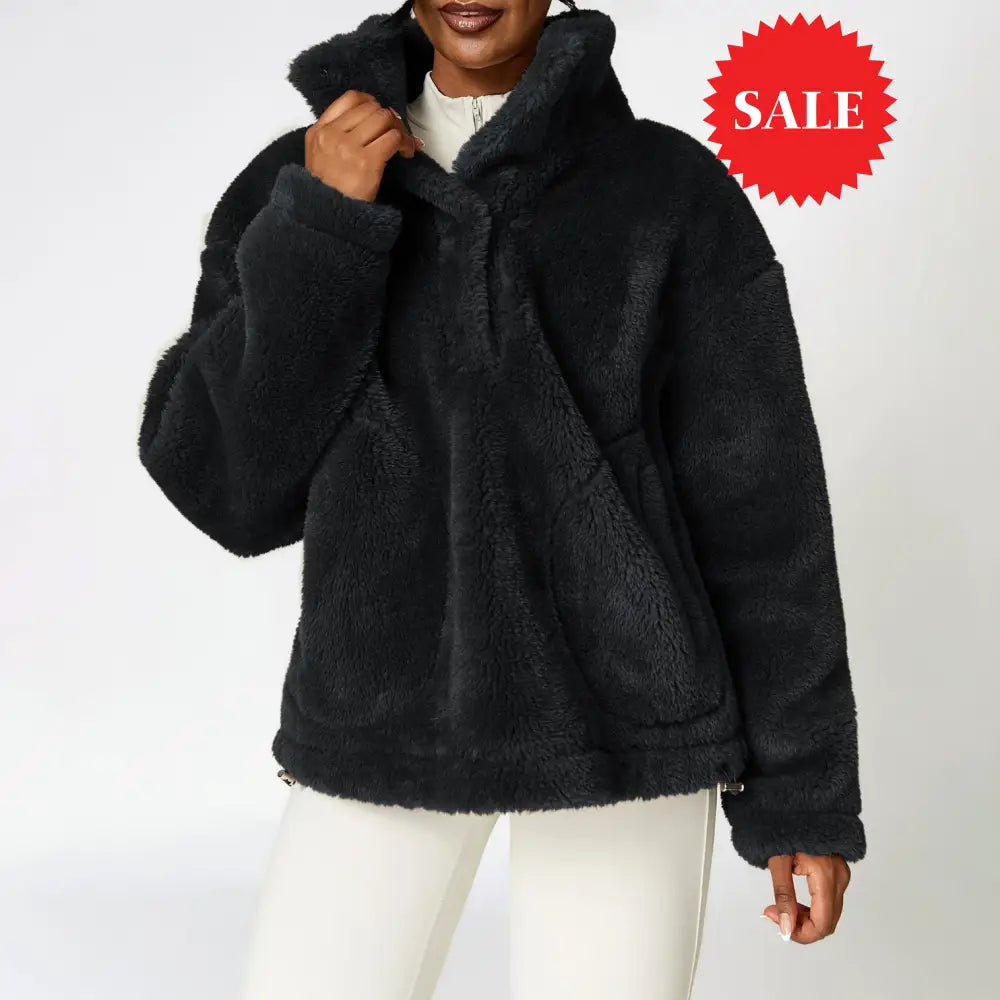 High-Neck Button-Front Fluffy Pullover