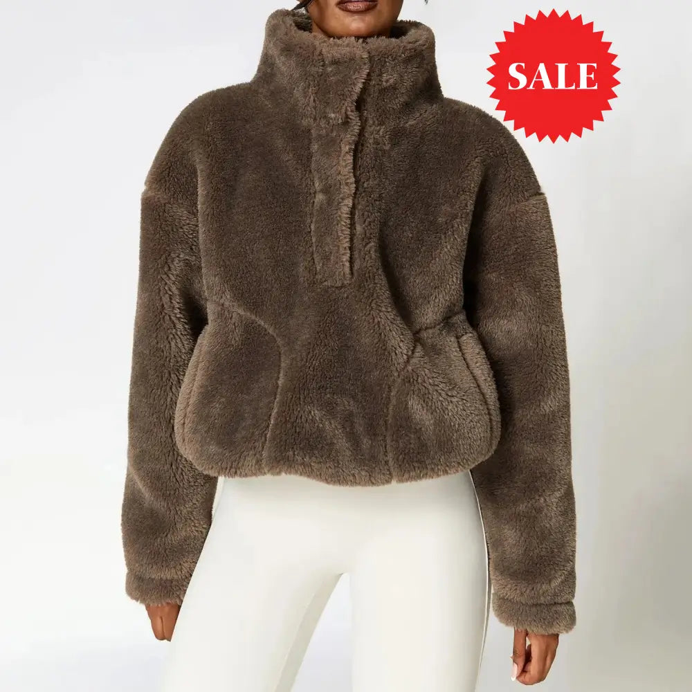 High-Neck Button-Front Fluffy Pullover