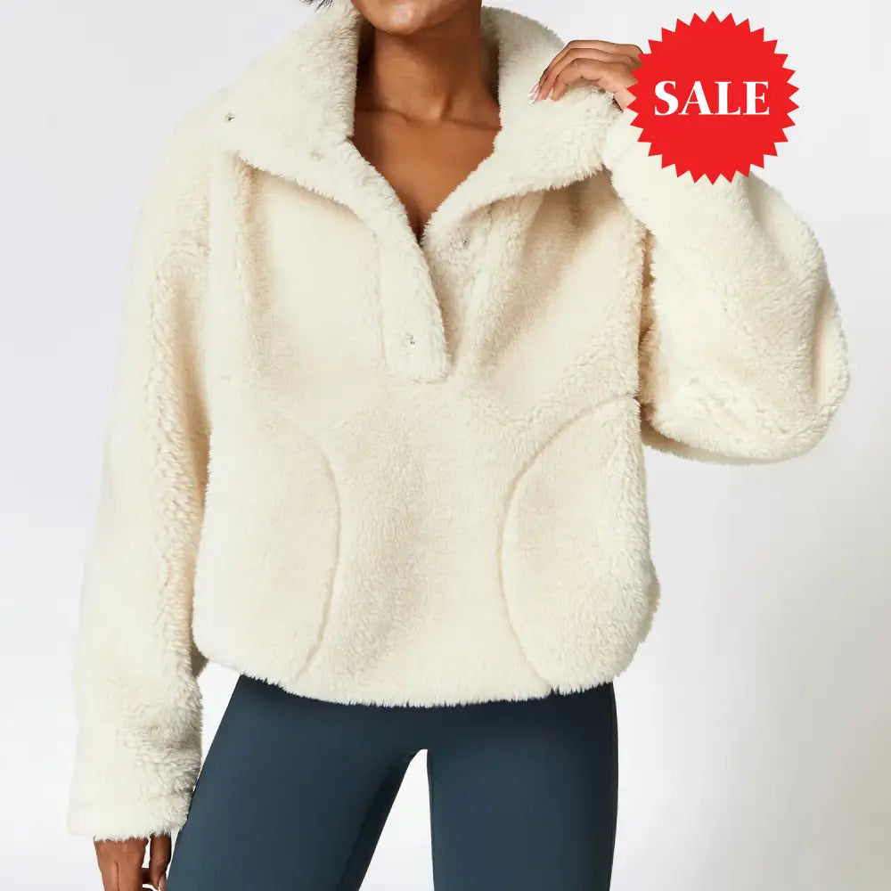 High-Neck Button-Front Fluffy Pullover