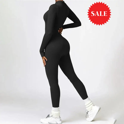 Long-Sleeve Half-Zip Ribbed Jumpsuit