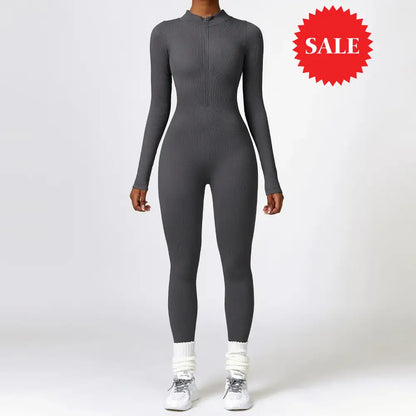 Long-Sleeve Half-Zip Ribbed Jumpsuit