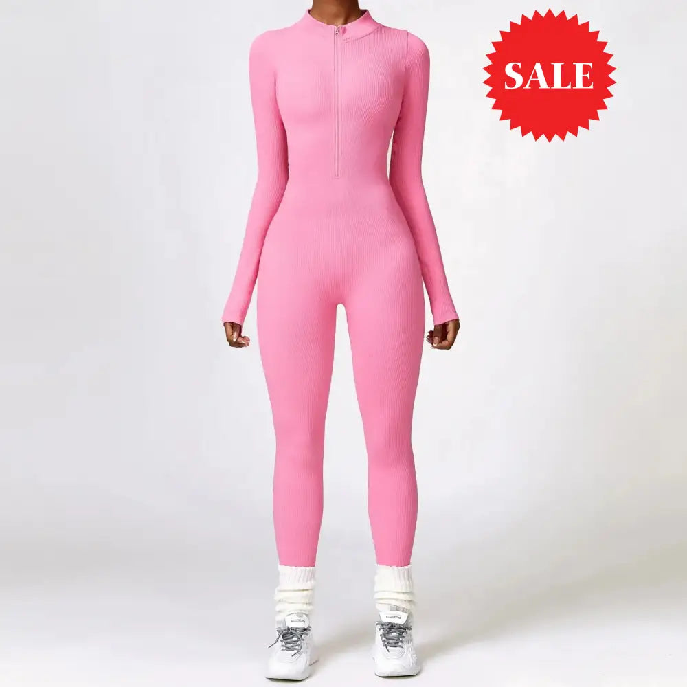 Long-Sleeve Half-Zip Ribbed Jumpsuit