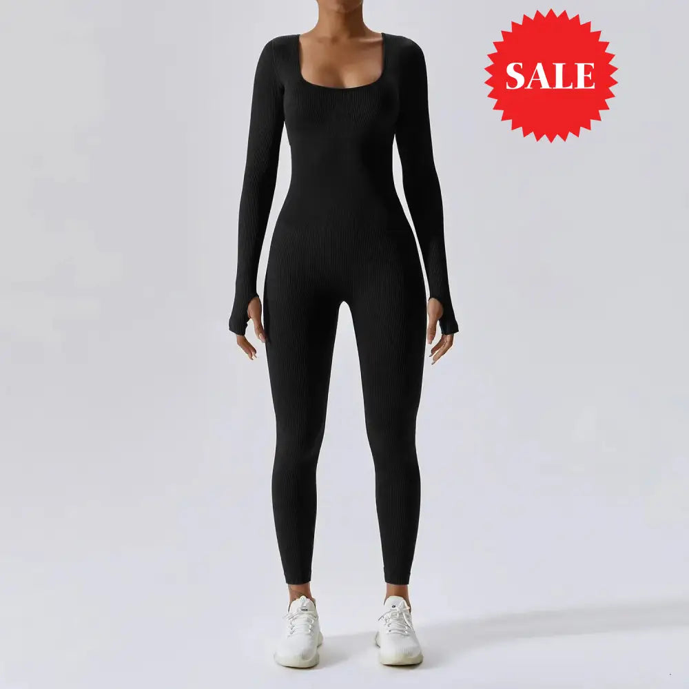 Long-Sleeve U-Neck Ribbed Jumpsuit