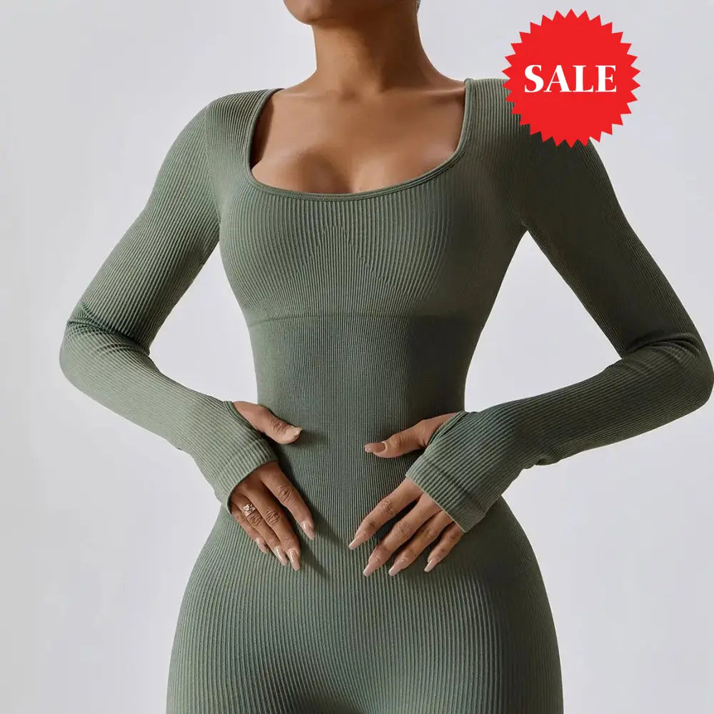 Long-Sleeve U-Neck Ribbed Jumpsuit