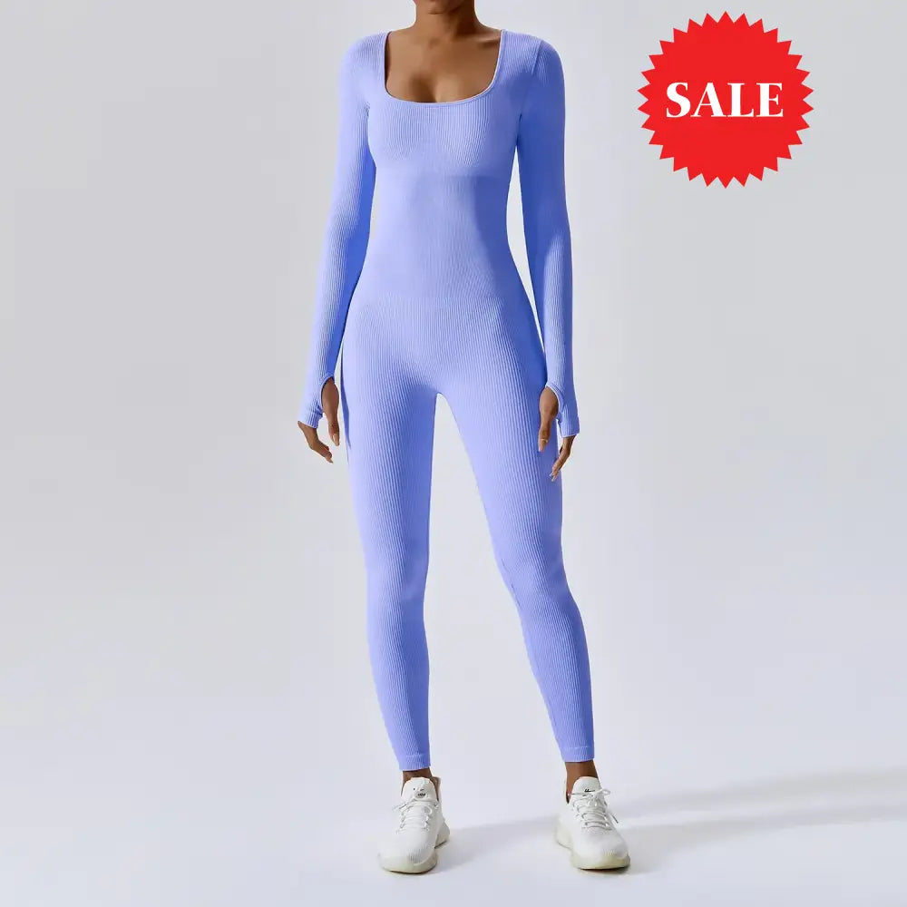 Long-Sleeve U-Neck Ribbed Jumpsuit