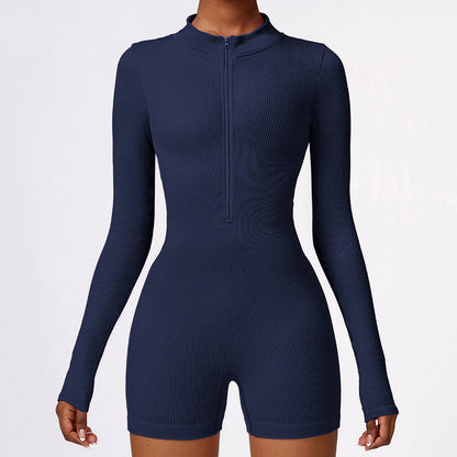 Long-Sleeve Half-Zip Ribbed Romper