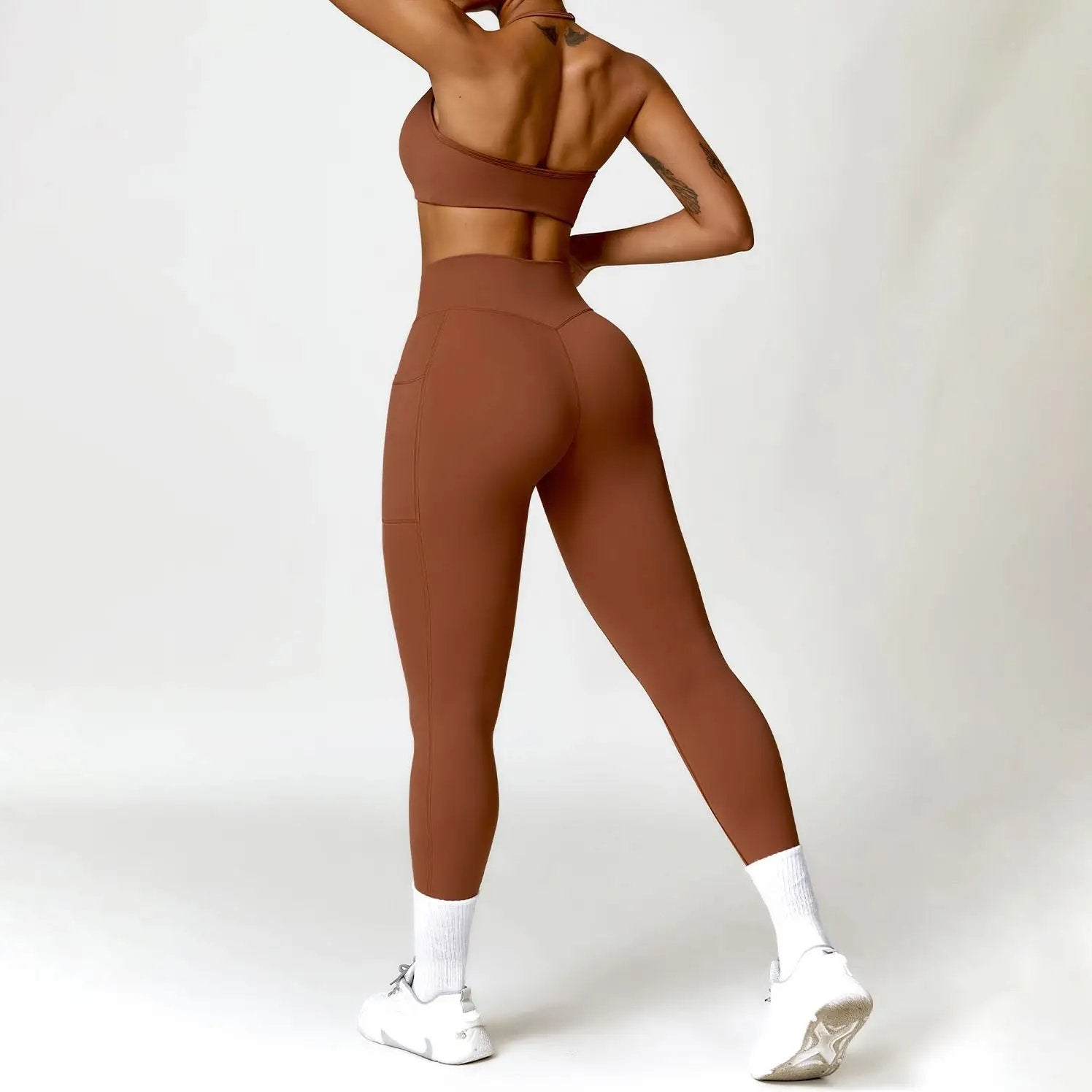 Twisted Bra And Skinny Leggings Set S / Brown Two - Piece