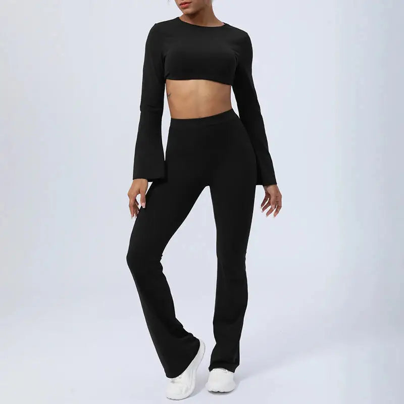 YIYI Customized High Waist Active Wear Sexy Backless Gym Fitness Set Long Sleeves Yoga Sport Bra Flared leggings Set for women