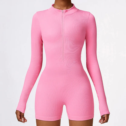 Long-Sleeve Half-Zip Ribbed Romper