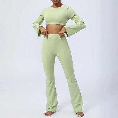 YIYI Customized High Waist Active Wear Sexy Backless Gym Fitness Set Long Sleeves Yoga Sport Bra Flared leggings Set for women
